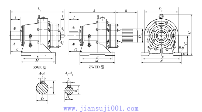 ZWE、ZWED减速机外形及安装尺寸（JB/T2982-1994）