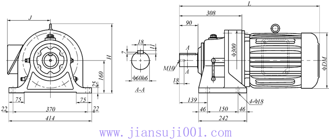 传仕600系列摆线针轮减速机单段卧式外形尺寸(THM612、THHM613、THHM614、THHM615、THHM616）