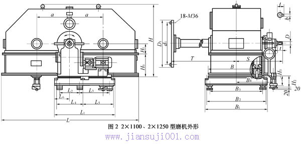 水泥磨减速机常用减速机的技术性能和外形尺寸（2×1000和2×1250型减速机）
