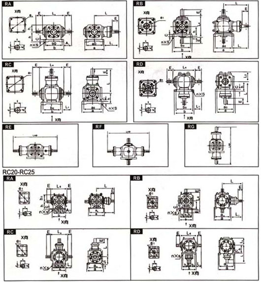 RC系列螺旋傘齒輪轉(zhuǎn)向箱尺寸圖表