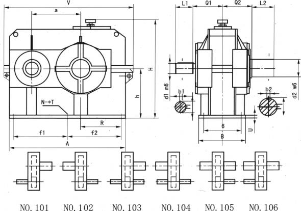JDX28、JDX36、JDX45、减速机的装配型式及外形尺寸图(JC/T878.2-2001)