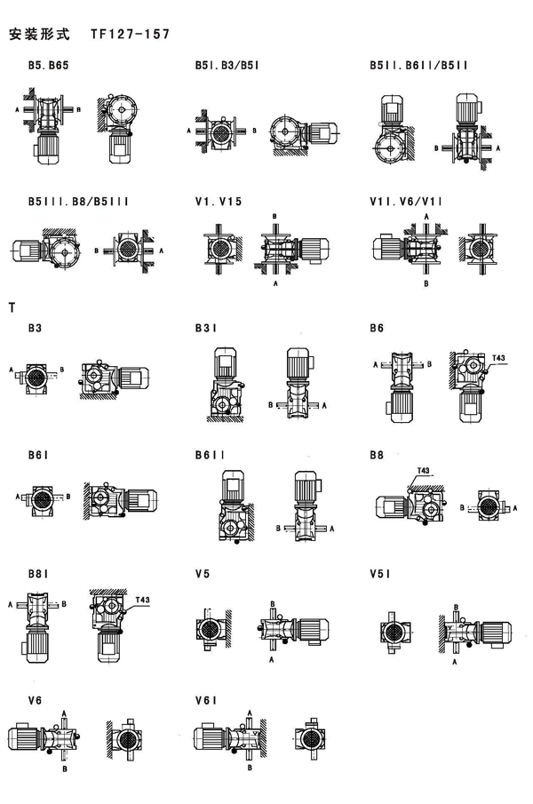 T系列斜齒輪錐齒輪減速機安裝形式（TF127-157）