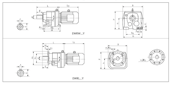 EWR37……斜齿轮减速机安装型式、输出方式尺寸图表