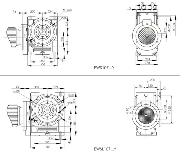 EWS107、EWS127、斜齿轮蜗轮减速机安装尺寸