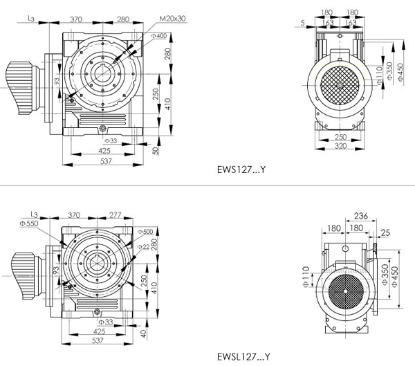 EWS107、EWS127、斜齿轮蜗轮减速机安装尺寸