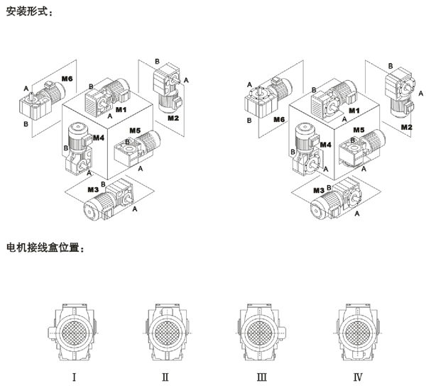 NS系列斜齒—蝸輪蝸桿減速機(jī)安裝形式及電機(jī)接線盒位置