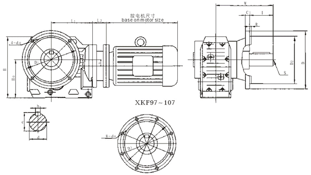 XKF37、XKF47、XKF67、XKF77、XKF87、XKF97、XKF107、系列螺旋伞齿轮减速机安装尺寸