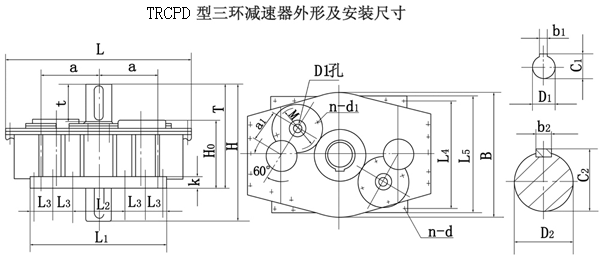 TRCPD125、TRCPD145、TRCPD175、TRCPD215、TRCPD255、TRCPD300、TRCPD350、TRCPD400、TRCPD450、型三环减速机外形及安装尺寸