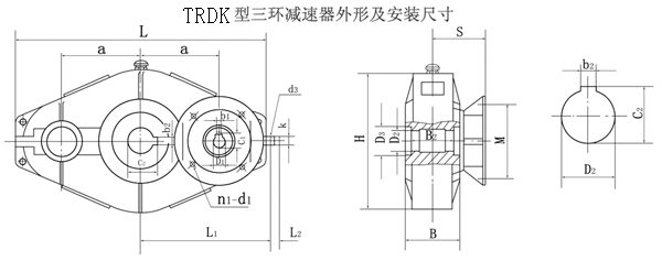 TRDK125、TRDK145、TRDK175、TRDK215、TRDK255、TRDK300、型三环减速机外形及安装尺寸