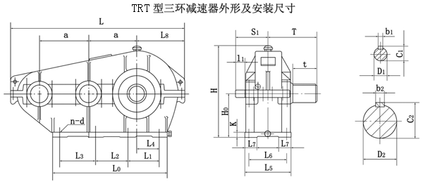 TRT125、TRT145、TRT175、TRT215、TRT255、TRT300、TRT350、TRT400、型减速器外形及安装尺寸