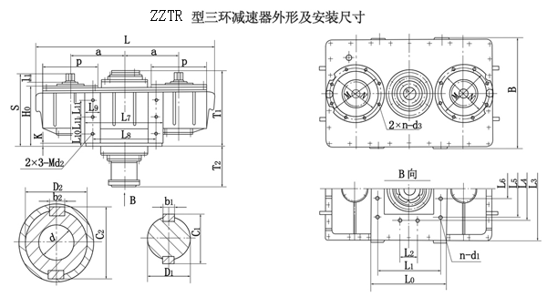 ZZTR255、ZZTR350、ZZTR400、ZZTR450、型减速器外形及安装尺寸